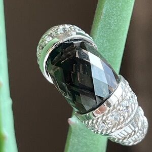 Judith Ripka smoky topaz, CZ adorned silver ring, size 9.5